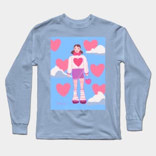 ilustración de chica con corazones y nubes Long Sleeve T-Shirt